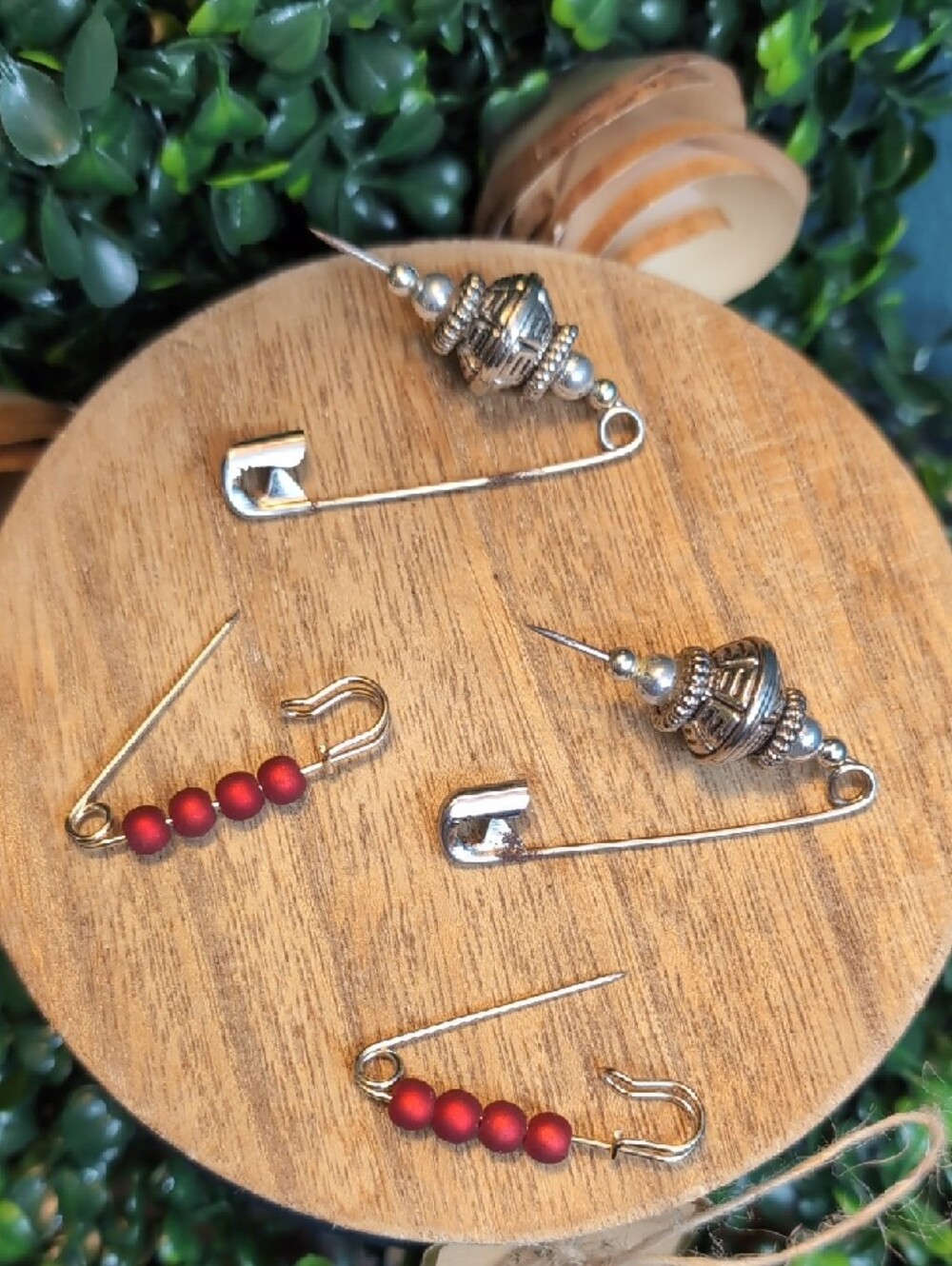 Vtg Safety Pin Brooch Collection with Silver & Red Beads